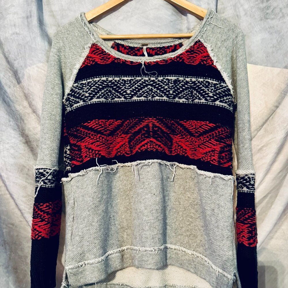 Free People Gray, Navy, & Pink Ragland Style Wide Crew Neck Sweater - Size SMALL